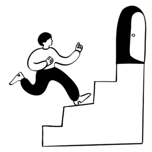 dessin d'un homme montant un escalier vers une porte ouverte