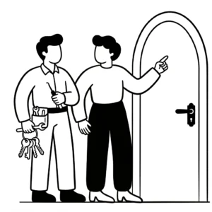 dessin homme indiquant porte à un serrurier